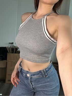 Topshop PETITE Gray Ribbed Halter Crop Top with White-Trim